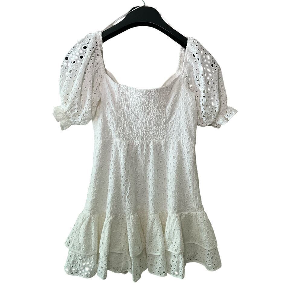 ASTR The Label Roseville Pointelle Mini Dress Eyelet Puff Sleeves White Womens M - Picture 3 of 7